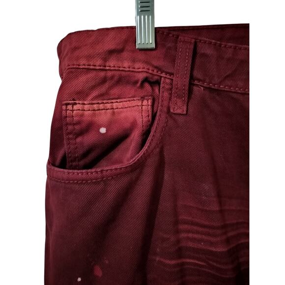 M652)Smoke Rise Burgundy Biker Distressed Splatter Zipper Tapper Jeans Sz 42/32 - Picture 7 of 9
